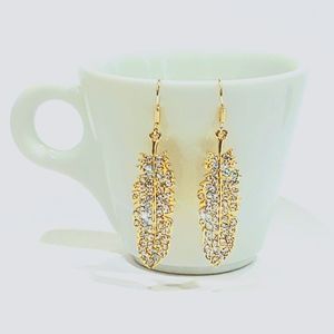 Gold Feather With Czech Crystal Dangling Earrings